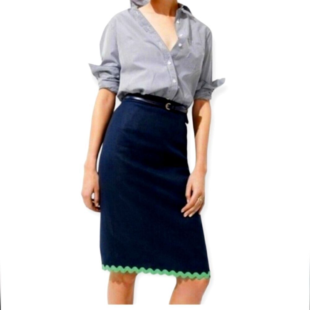 J. CREW Nwot navy blue 100 % linen knee skirt with green ric rac hem new no t…